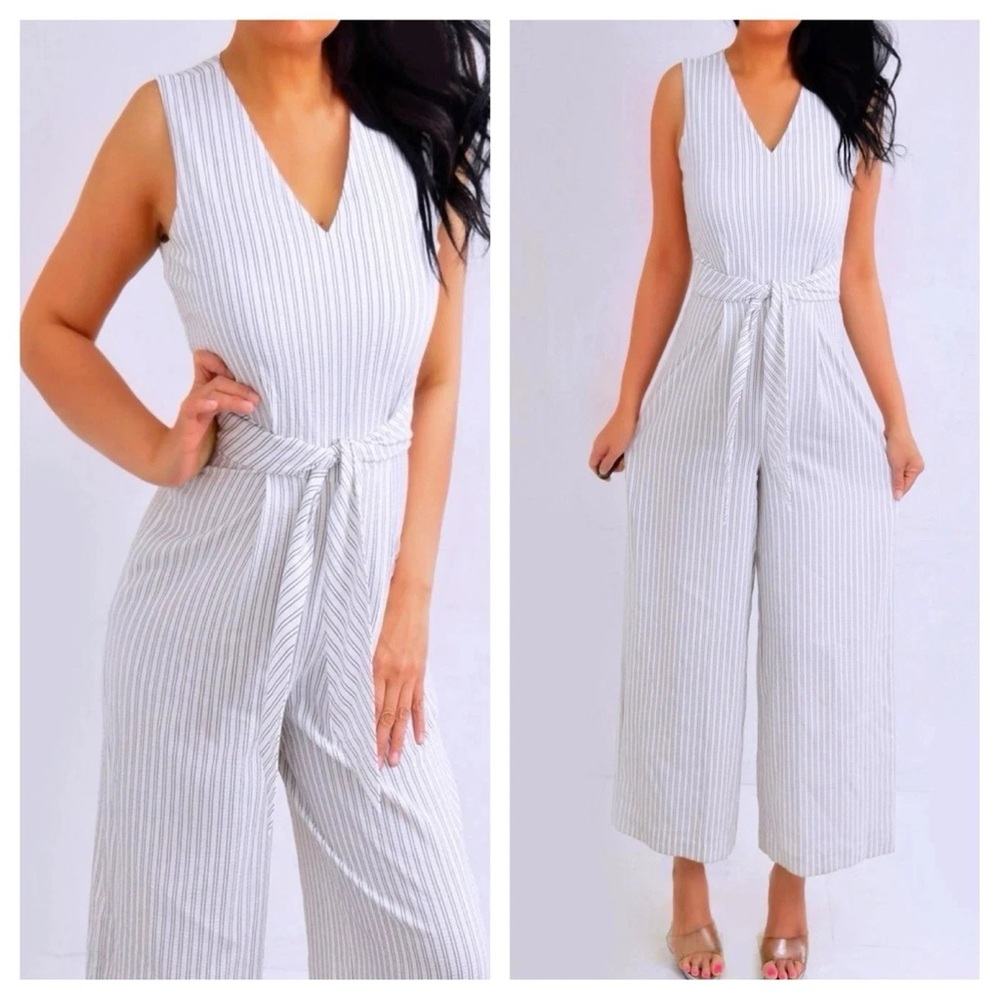 Calvin Klein White Jumpsuit with Black Pinstripes